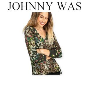 Johnny Was women's l/s leopard Ash Bird patterned  leopard print top size L EUC